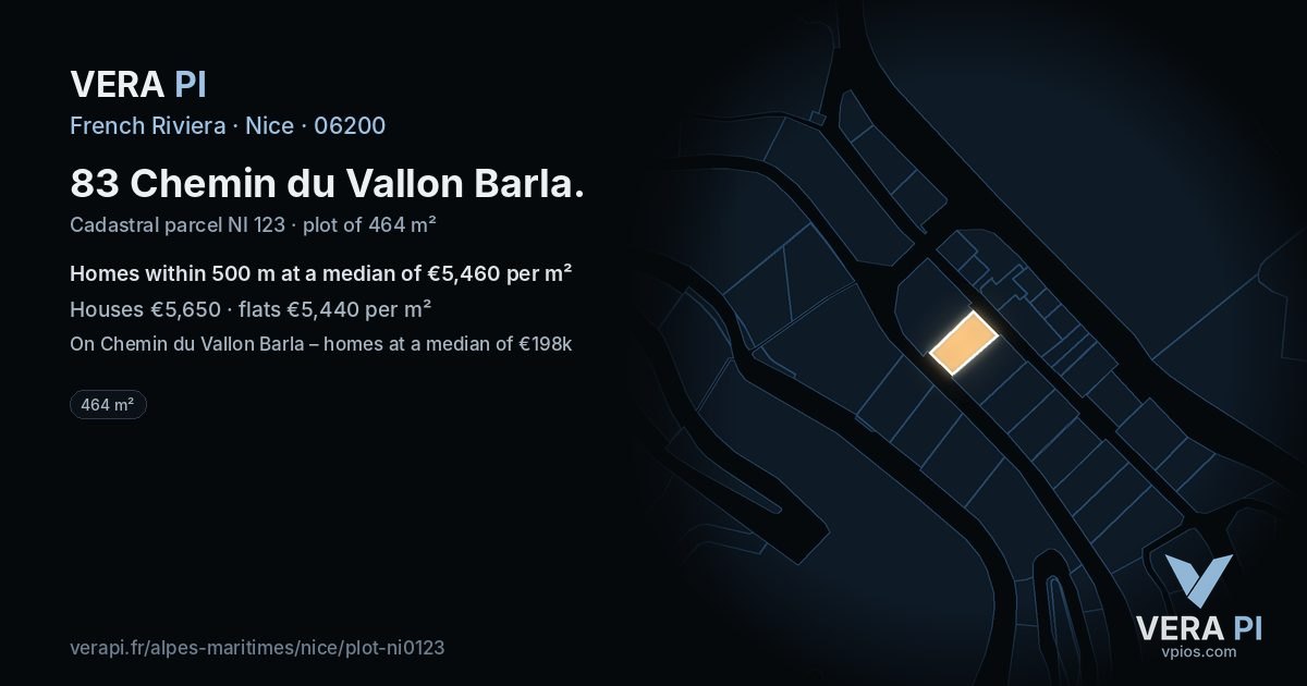 83 Chemin du Vallon Barla, Nice at night – the plot lit, the parcels around coloured by the prices near them