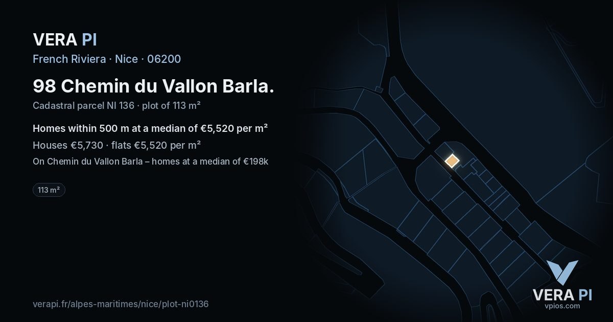 98 Chemin du Vallon Barla, Nice at night – the plot lit, the parcels around coloured by the prices near them