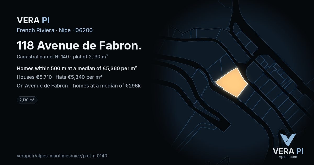 118 Avenue de Fabron, Nice at night – the plot lit, the parcels around coloured by the prices near them