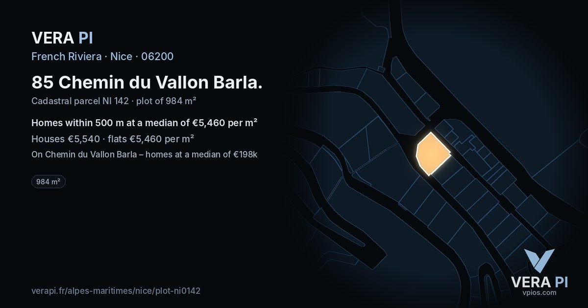 85 Chemin du Vallon Barla, Nice at night – the plot lit, the parcels around coloured by the prices near them