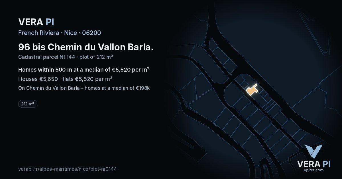 96 bis Chemin du Vallon Barla, Nice at night – the plot lit, the parcels around coloured by the prices near them