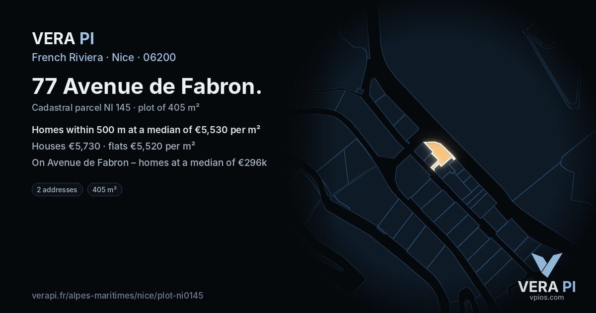 77 Avenue de Fabron, Nice at night – the plot lit, the parcels around coloured by the prices near them