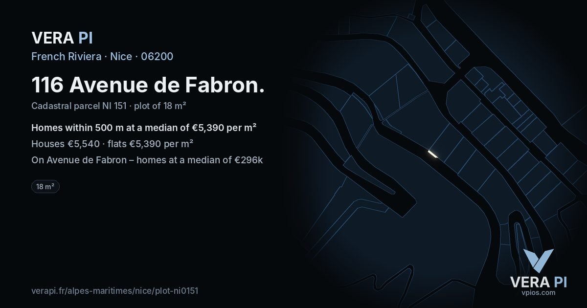 116 Avenue de Fabron, Nice at night – the plot lit, the parcels around coloured by the prices near them