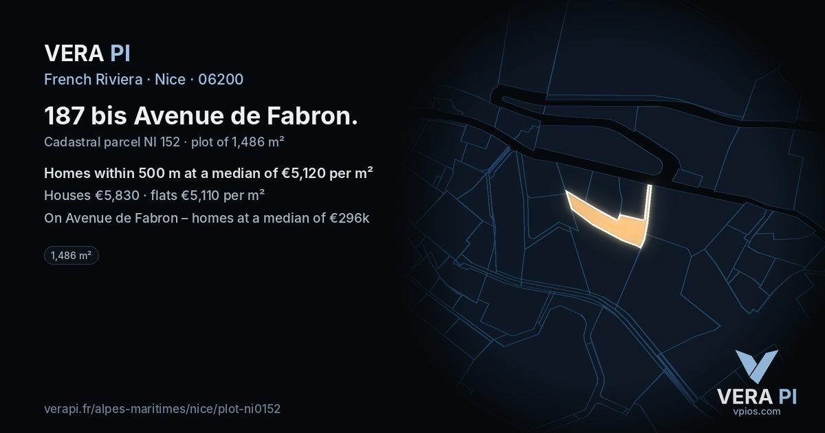 187 bis Avenue de Fabron, Nice at night – the plot lit, the parcels around coloured by the prices near them