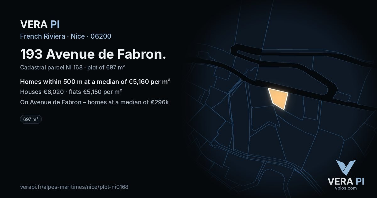193 Avenue de Fabron, Nice at night – the plot lit, the parcels around coloured by the prices near them