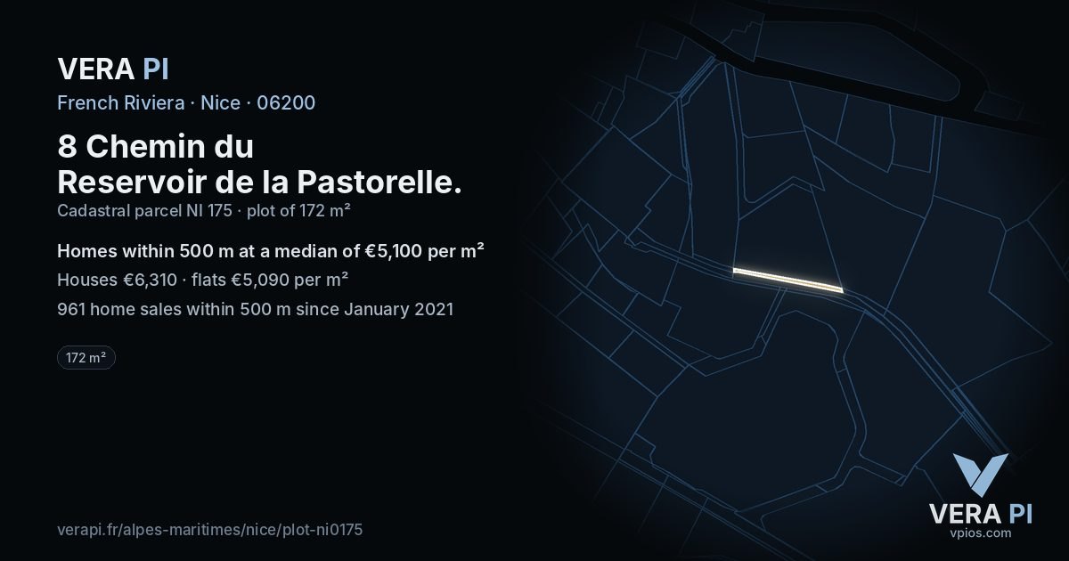 8 Chemin du Reservoir de la Pastorelle, Nice at night – the plot lit, the parcels around coloured by the prices near them