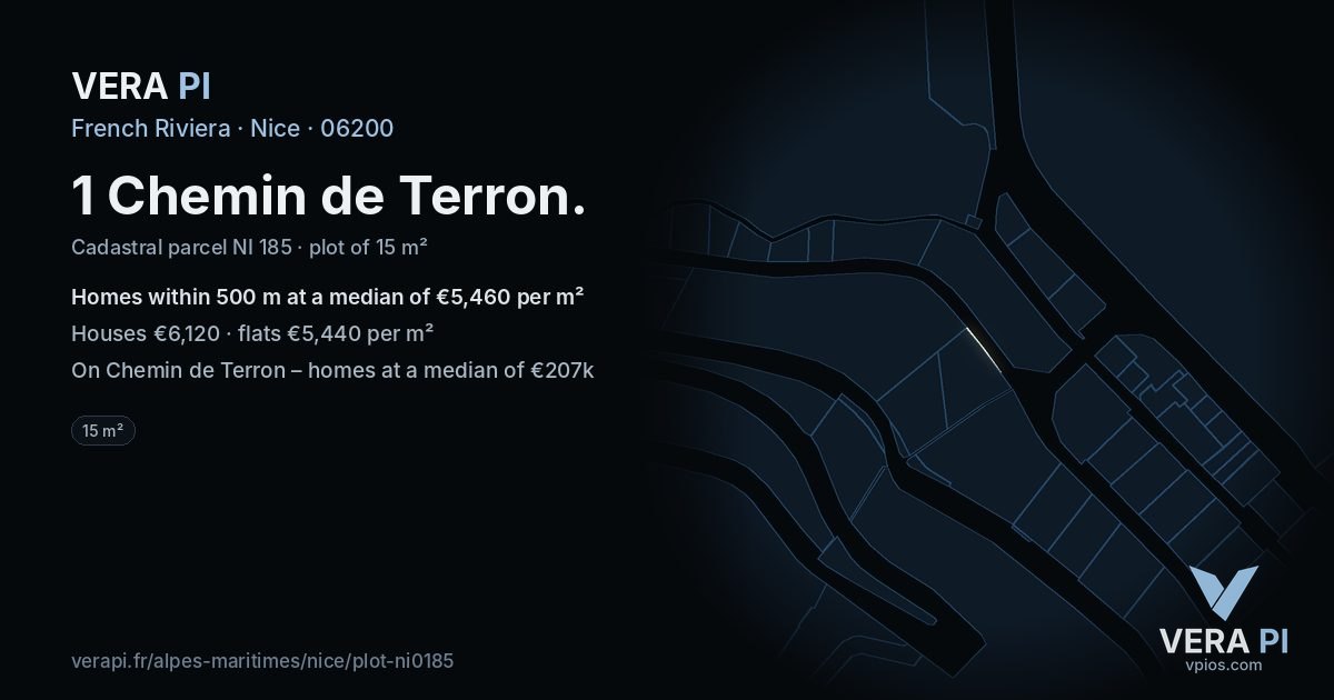 1 Chemin de Terron, Nice at night – the plot lit, the parcels around coloured by the prices near them