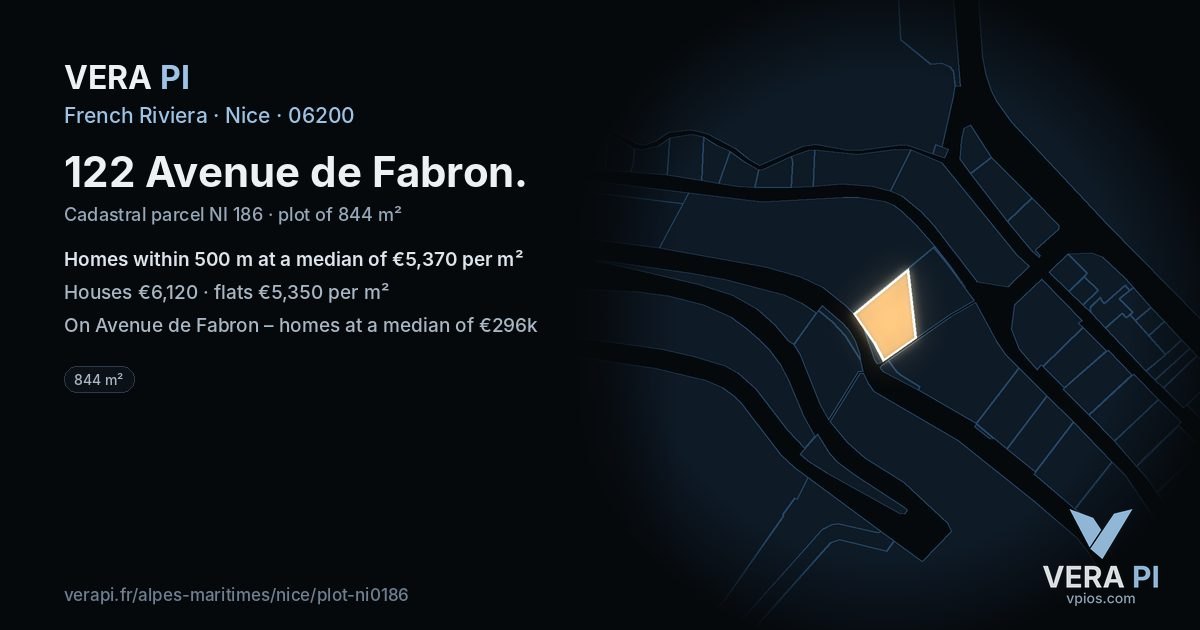 122 Avenue de Fabron, Nice at night – the plot lit, the parcels around coloured by the prices near them
