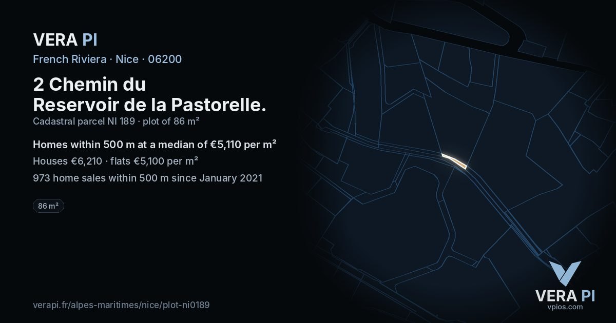 2 Chemin du Reservoir de la Pastorelle, Nice at night – the plot lit, the parcels around coloured by the prices near them