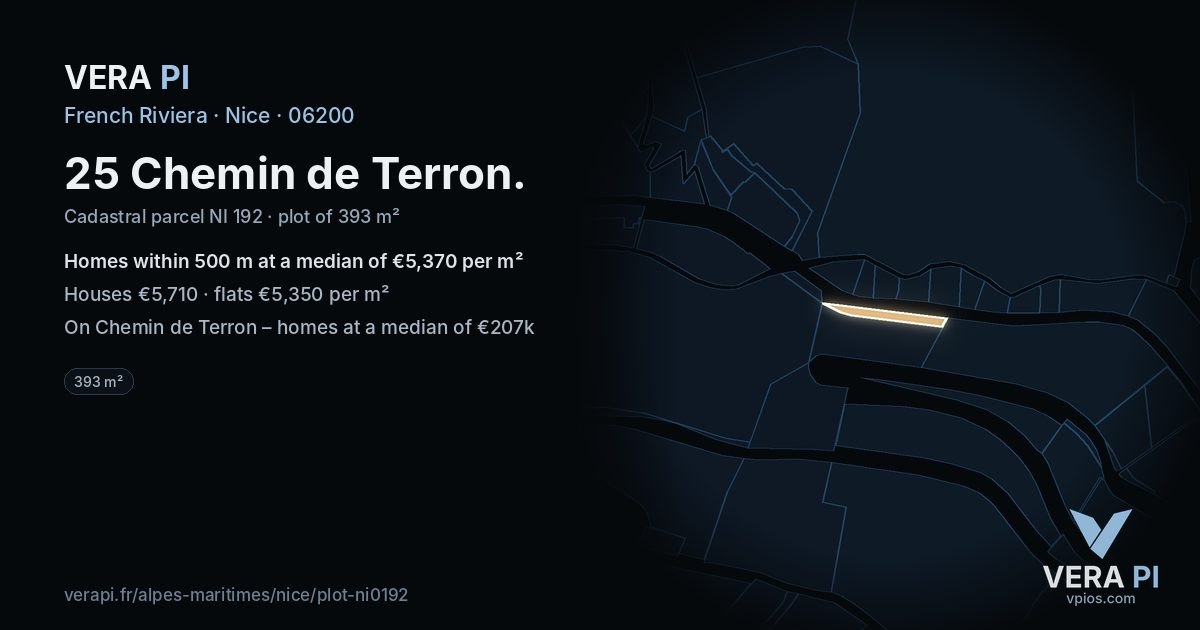 25 Chemin de Terron, Nice at night – the plot lit, the parcels around coloured by the prices near them