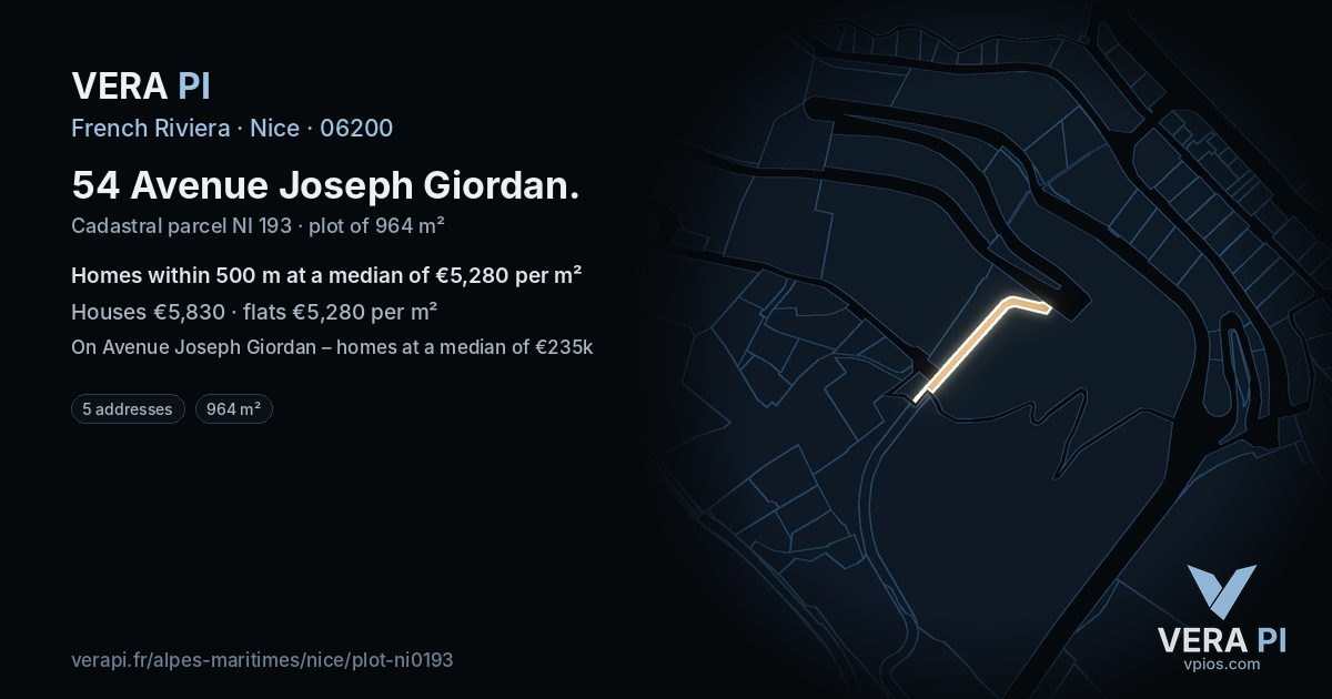 54 Avenue Joseph Giordan, Nice at night – the plot lit, the parcels around coloured by the prices near them
