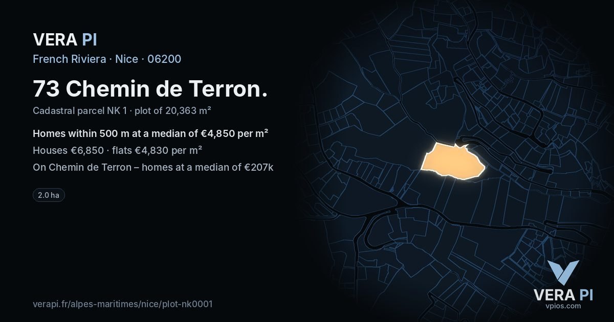 73 Chemin de Terron, Nice at night – the plot lit, the parcels around coloured by the prices near them
