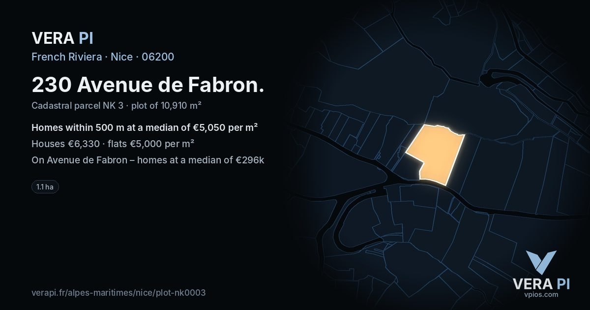 230 Avenue de Fabron, Nice at night – the plot lit, the parcels around coloured by the prices near them