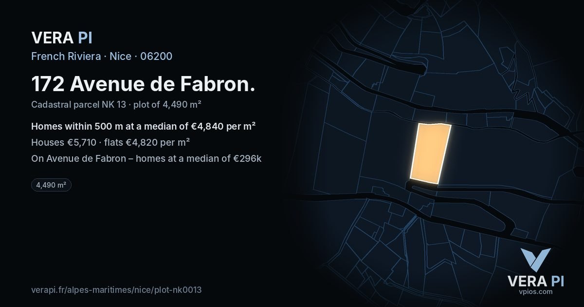 172 Avenue de Fabron, Nice at night – the plot lit, the parcels around coloured by the prices near them
