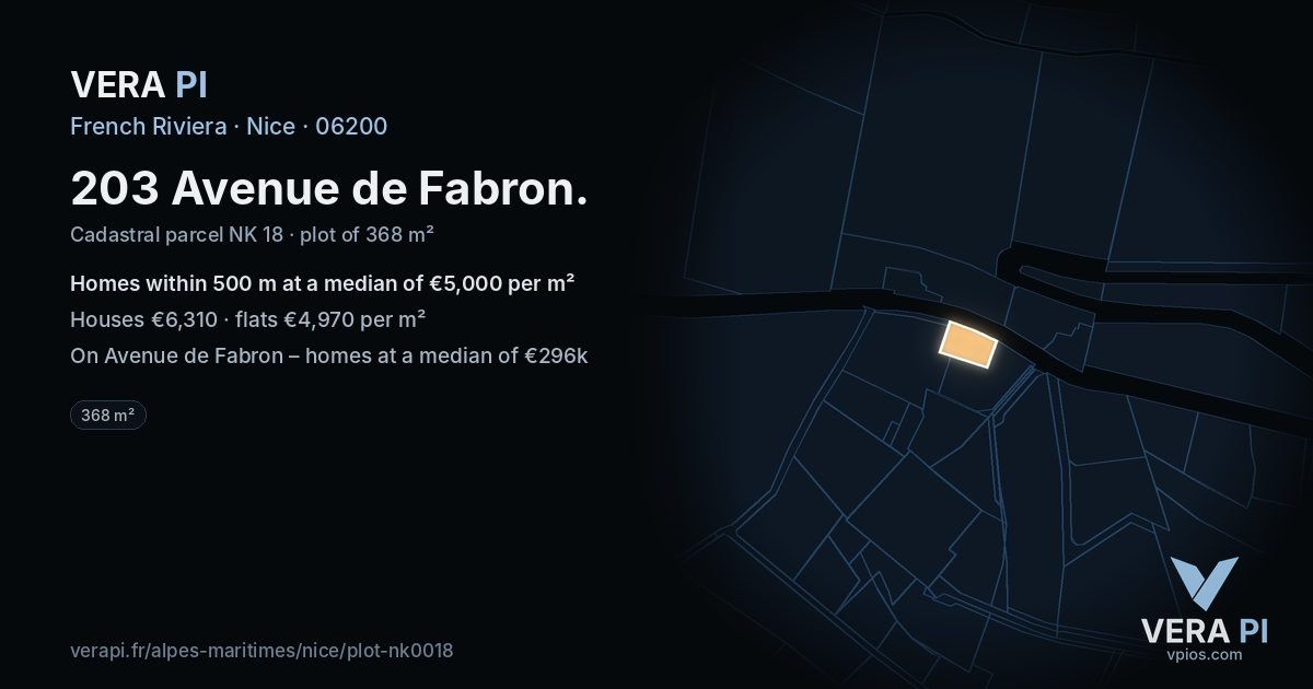 203 Avenue de Fabron, Nice at night – the plot lit, the parcels around coloured by the prices near them