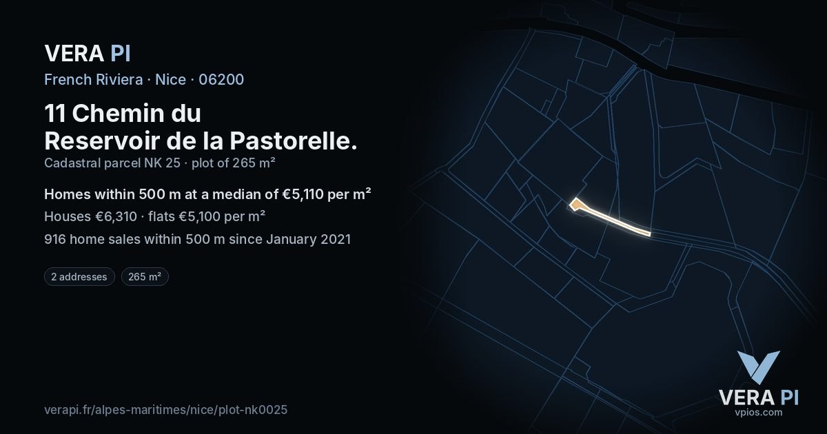11 Chemin du Reservoir de la Pastorelle, Nice at night – the plot lit, the parcels around coloured by the prices near them