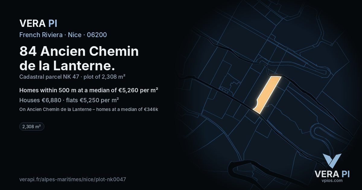 84 Ancien Chemin de la Lanterne, Nice at night – the plot lit, the parcels around coloured by the prices near them