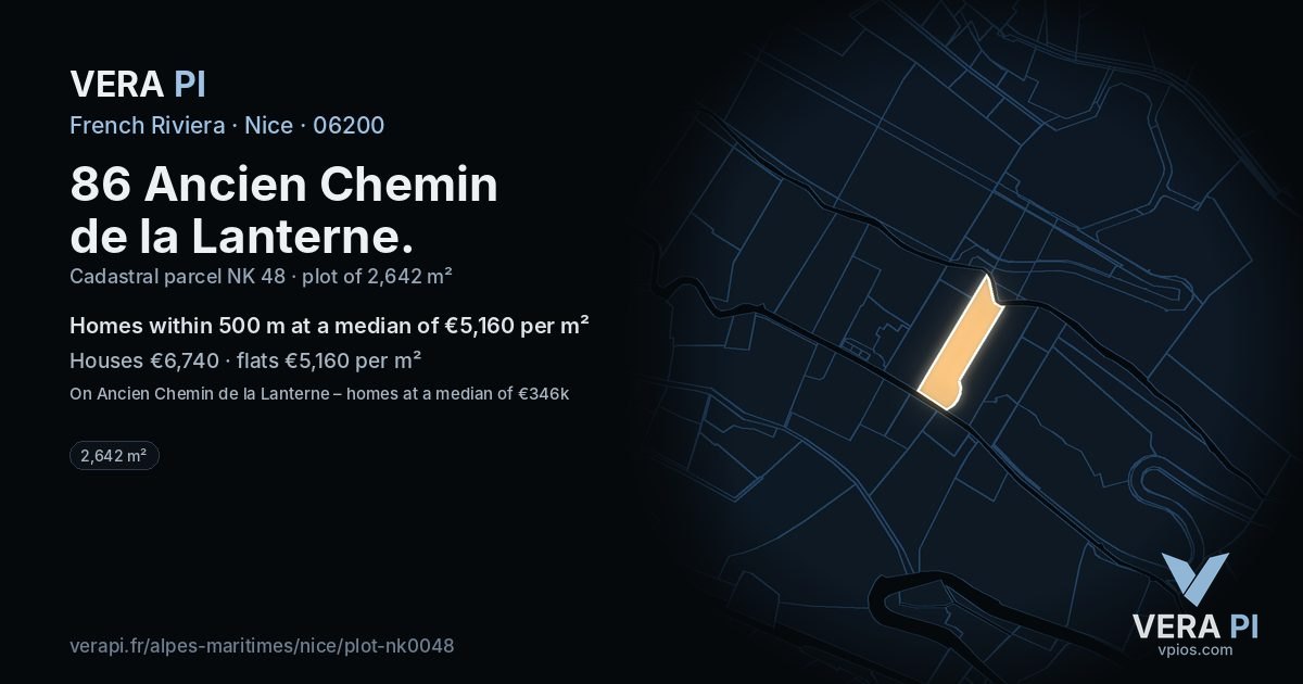 86 Ancien Chemin de la Lanterne, Nice at night – the plot lit, the parcels around coloured by the prices near them