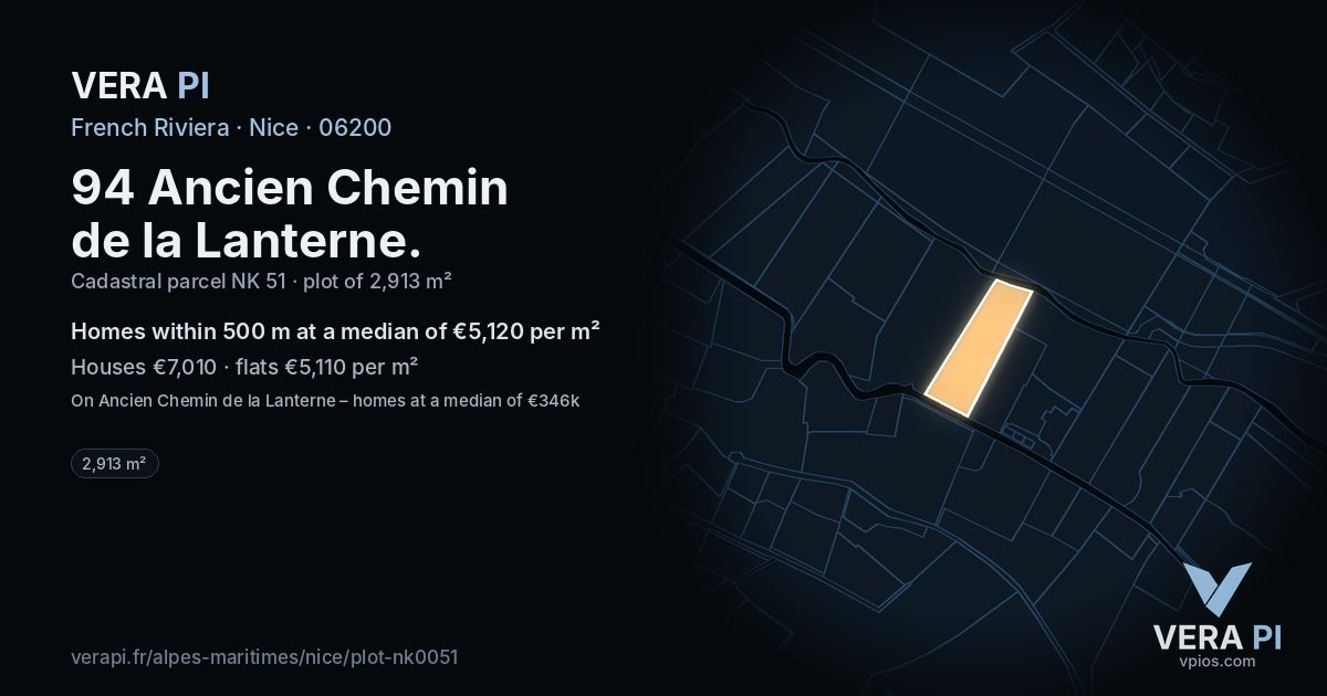 94 Ancien Chemin de la Lanterne, Nice at night – the plot lit, the parcels around coloured by the prices near them