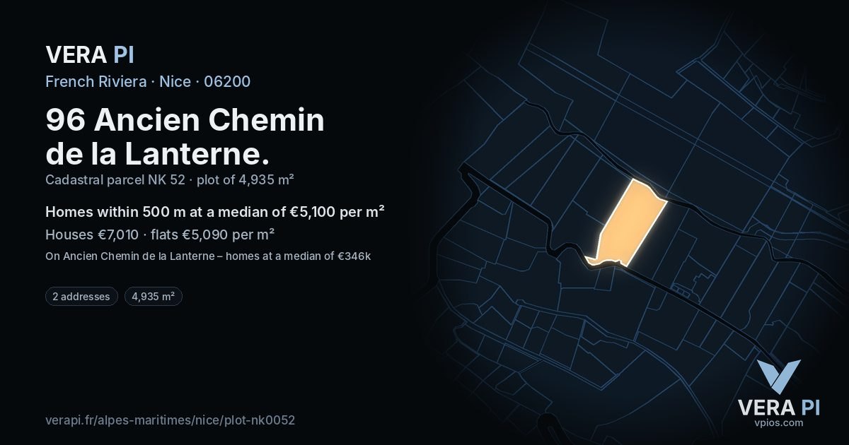 96 Ancien Chemin de la Lanterne, Nice at night – the plot lit, the parcels around coloured by the prices near them