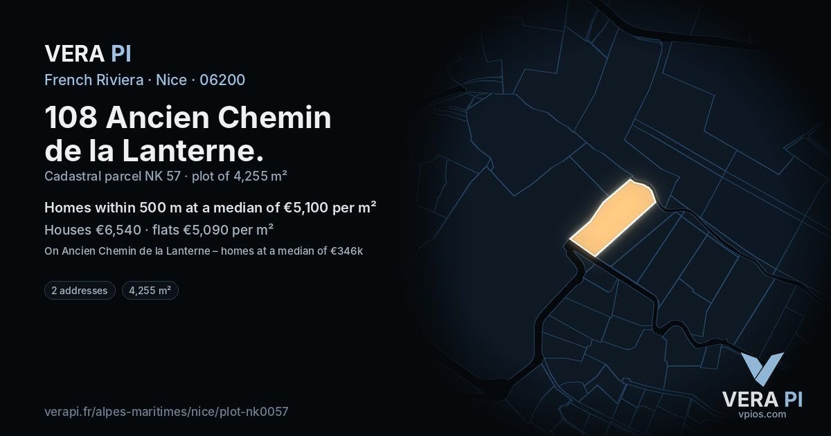 108 Ancien Chemin de la Lanterne, Nice at night – the plot lit, the parcels around coloured by the prices near them