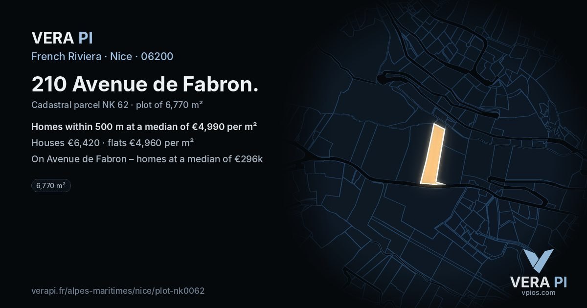 210 Avenue de Fabron, Nice at night – the plot lit, the parcels around coloured by the prices near them