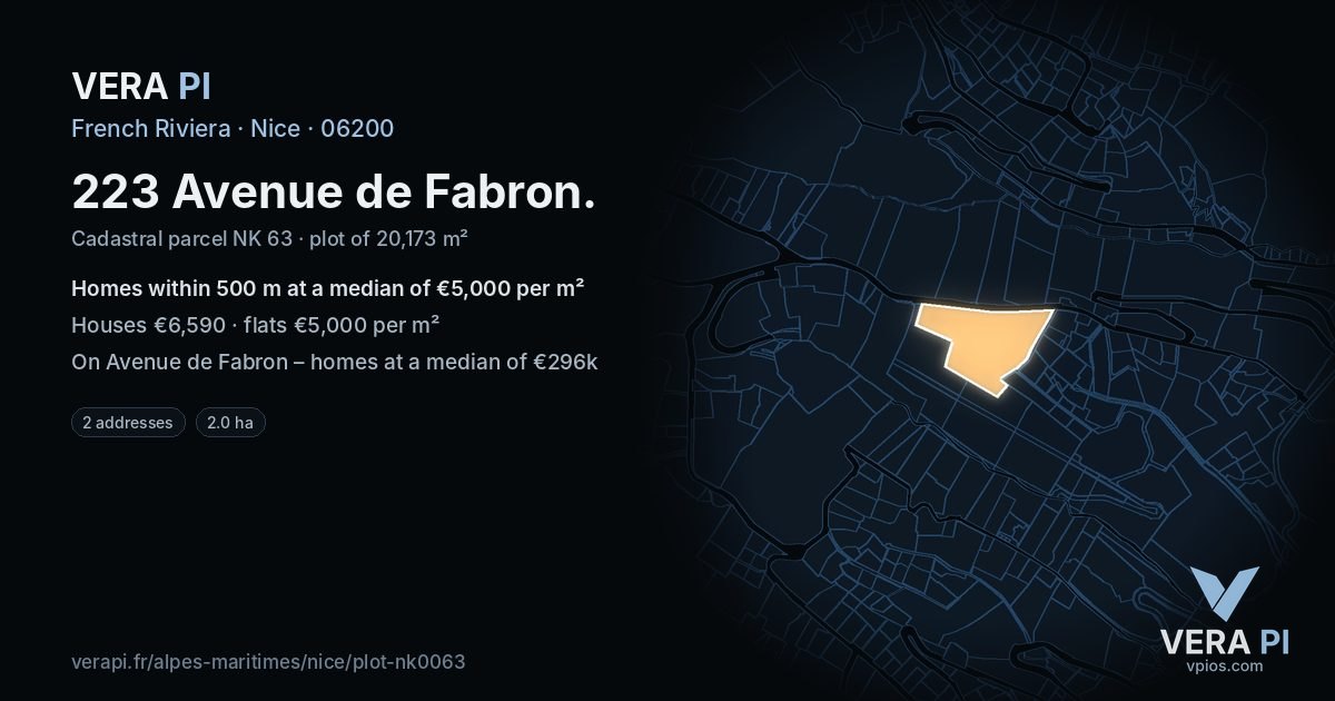 223 Avenue de Fabron, Nice at night – the plot lit, the parcels around coloured by the prices near them