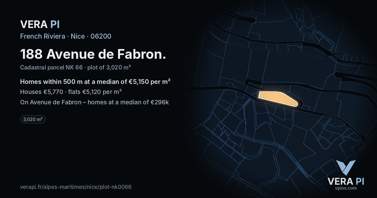188 Avenue de Fabron, Nice at night – the plot lit, the parcels around coloured by the prices near them