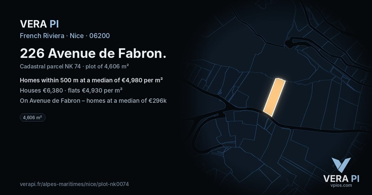 226 Avenue de Fabron, Nice at night – the plot lit, the parcels around coloured by the prices near them