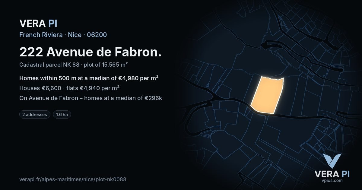 222 Avenue de Fabron, Nice at night – the plot lit, the parcels around coloured by the prices near them