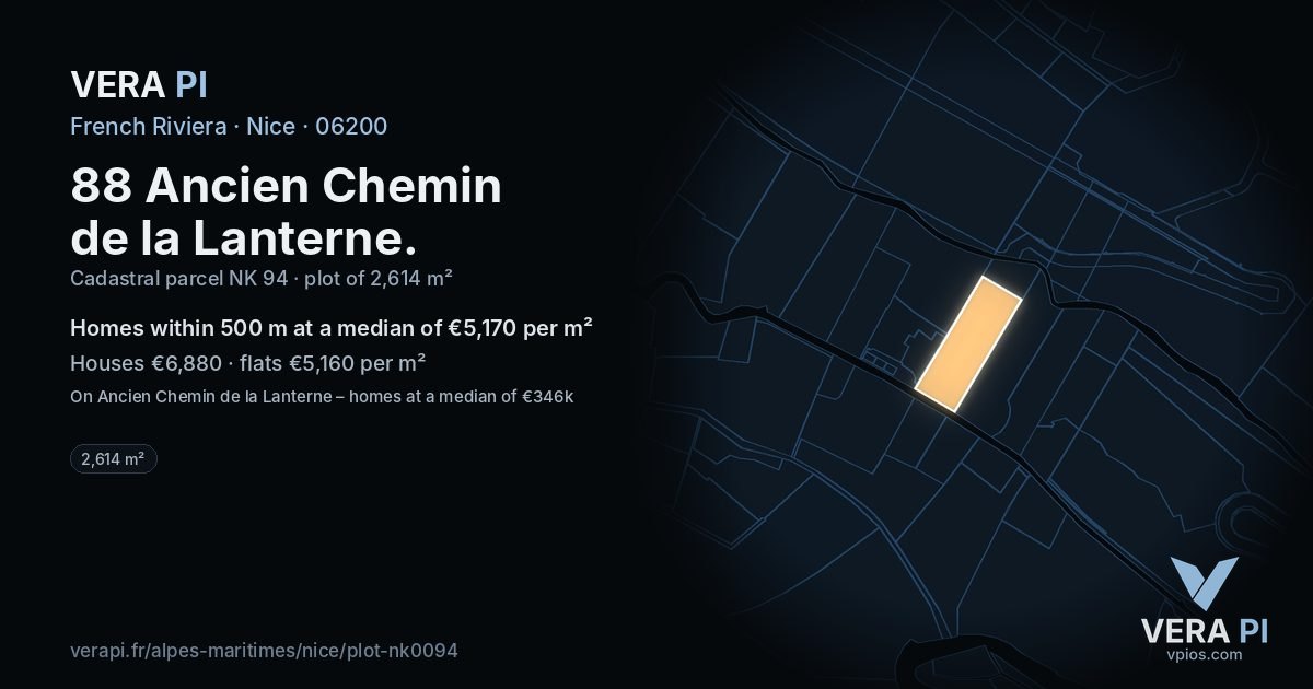 88 Ancien Chemin de la Lanterne, Nice at night – the plot lit, the parcels around coloured by the prices near them