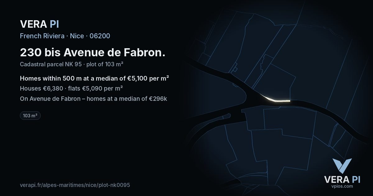230 bis Avenue de Fabron, Nice at night – the plot lit, the parcels around coloured by the prices near them