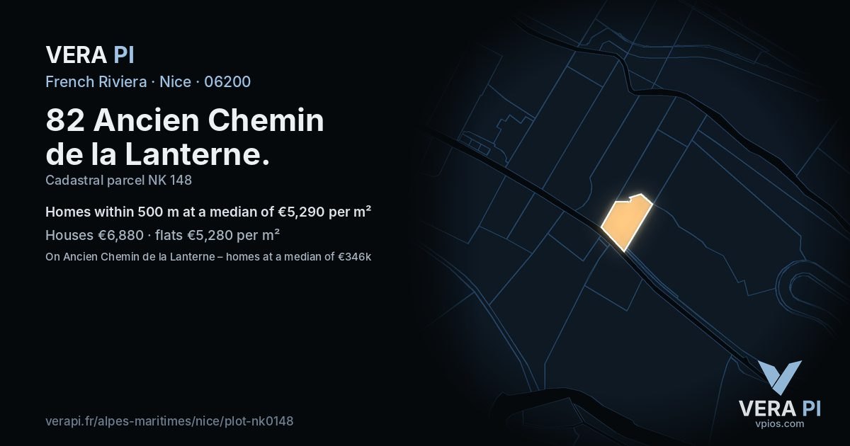 82 Ancien Chemin de la Lanterne, Nice at night – the plot lit, the parcels around coloured by the prices near them
