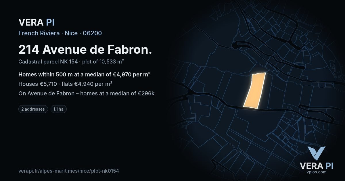 214 Avenue de Fabron, Nice at night – the plot lit, the parcels around coloured by the prices near them