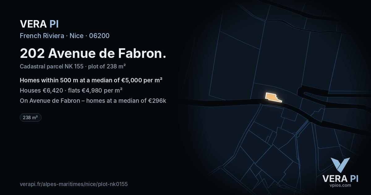 202 Avenue de Fabron, Nice at night – the plot lit, the parcels around coloured by the prices near them