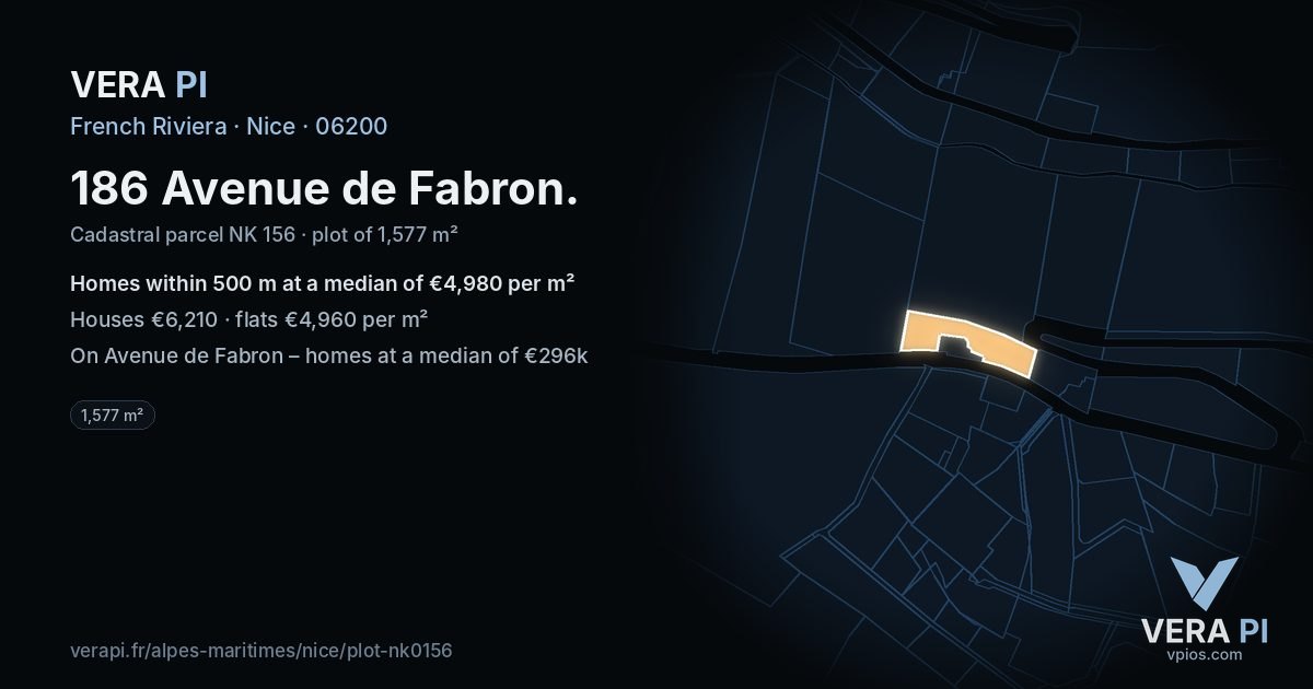 186 Avenue de Fabron, Nice at night – the plot lit, the parcels around coloured by the prices near them