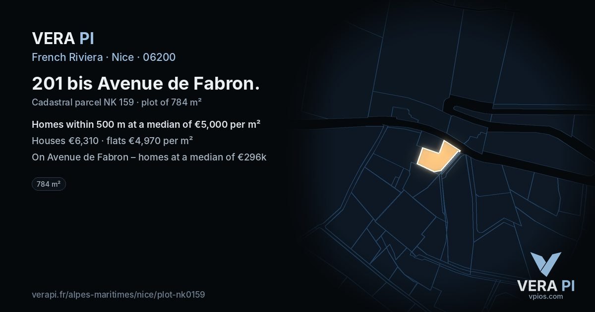201 bis Avenue de Fabron, Nice at night – the plot lit, the parcels around coloured by the prices near them