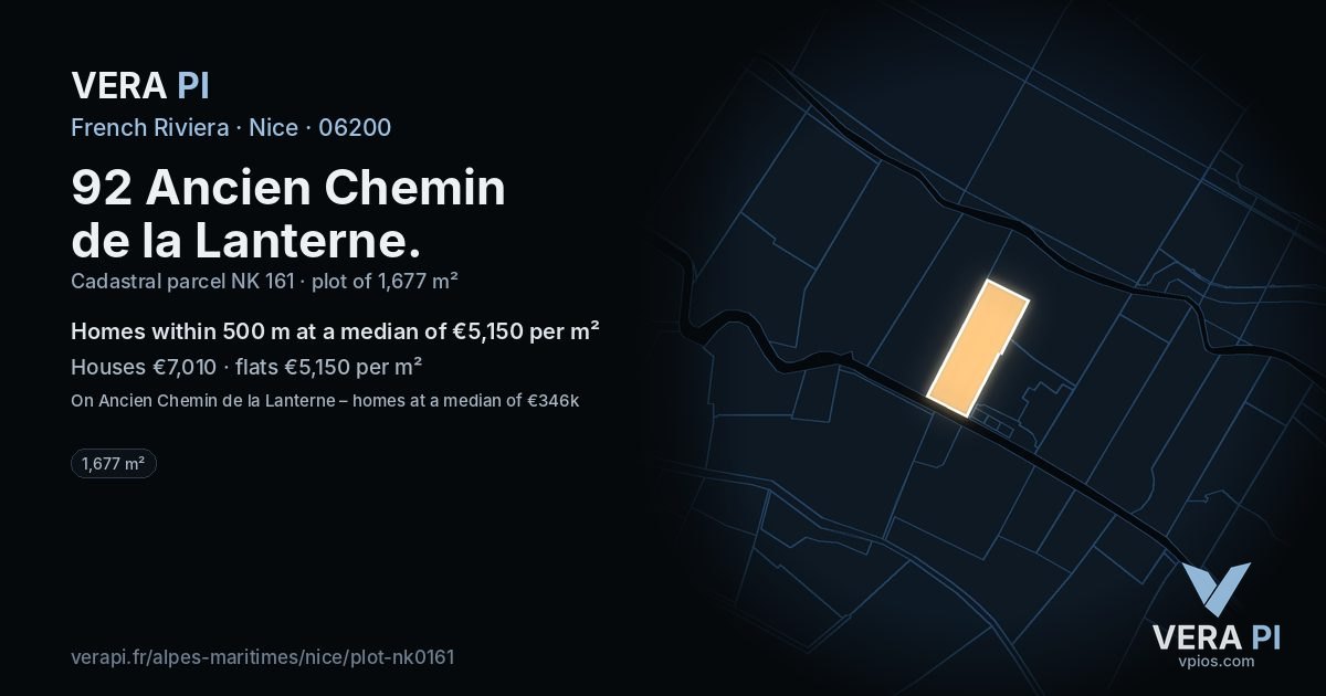 92 Ancien Chemin de la Lanterne, Nice at night – the plot lit, the parcels around coloured by the prices near them