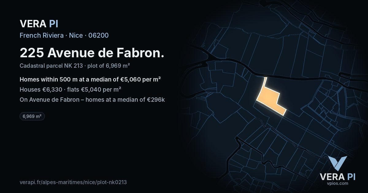 225 Avenue de Fabron, Nice at night – the plot lit, the parcels around coloured by the prices near them