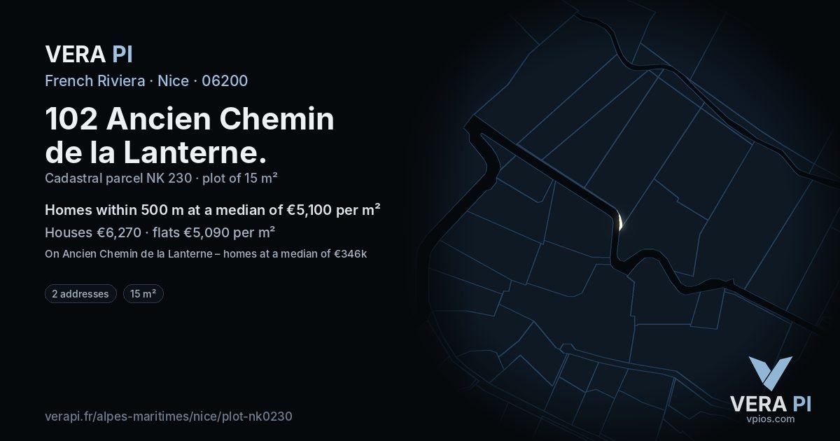 102 Ancien Chemin de la Lanterne, Nice at night – the plot lit, the parcels around coloured by the prices near them