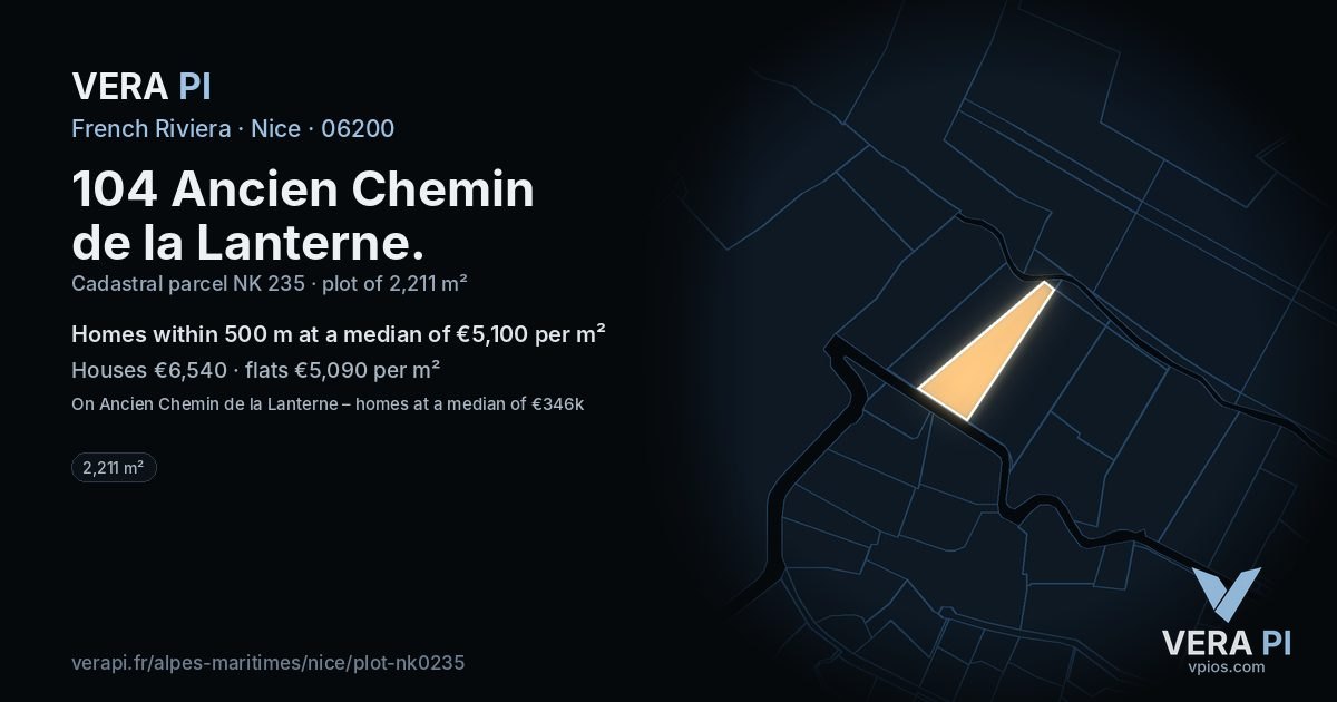 104 Ancien Chemin de la Lanterne, Nice at night – the plot lit, the parcels around coloured by the prices near them