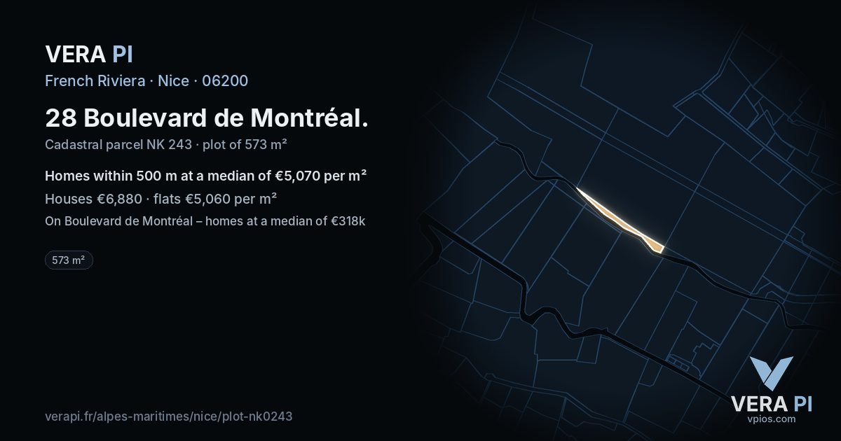 28 Boulevard de Montréal, Nice at night – the plot lit, the parcels around coloured by the prices near them