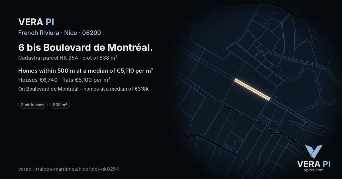 6 bis Boulevard de Montréal, Nice at night – the plot lit, the parcels around coloured by the prices near them