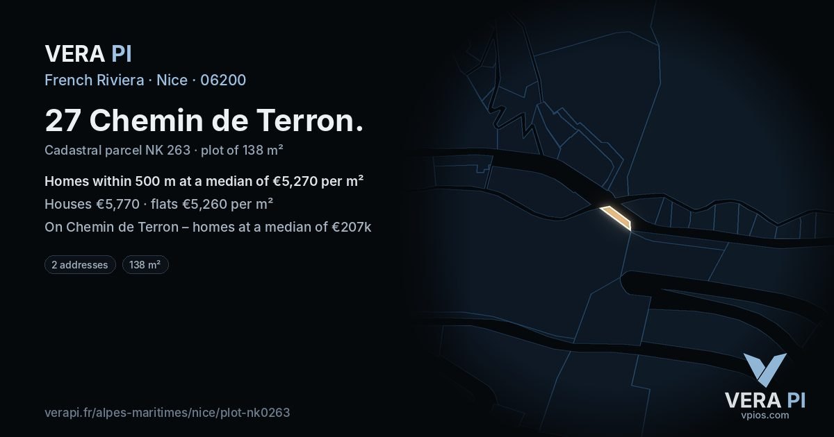 27 Chemin de Terron, Nice at night – the plot lit, the parcels around coloured by the prices near them