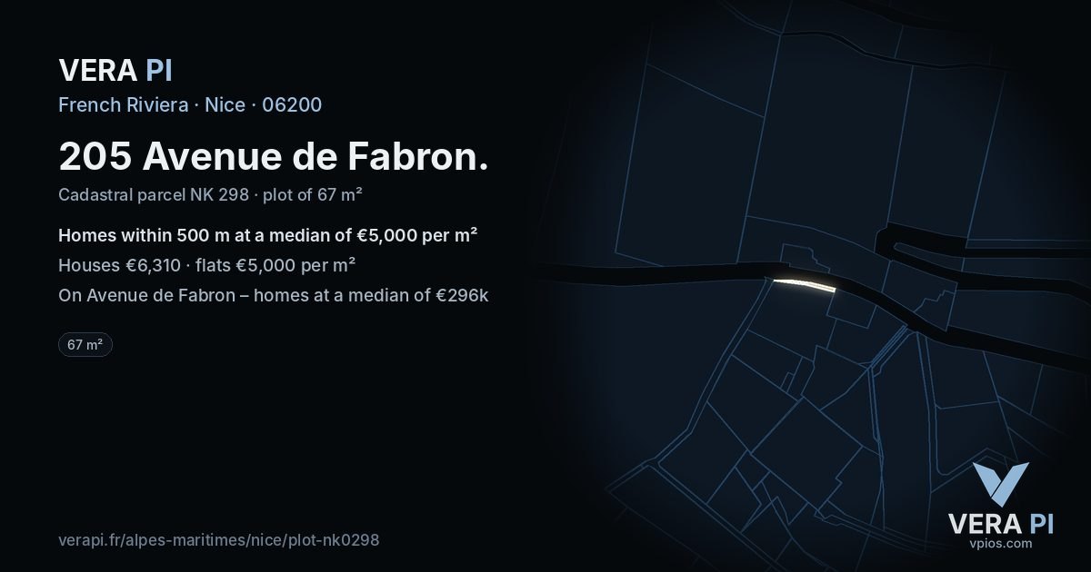 205 Avenue de Fabron, Nice at night – the plot lit, the parcels around coloured by the prices near them