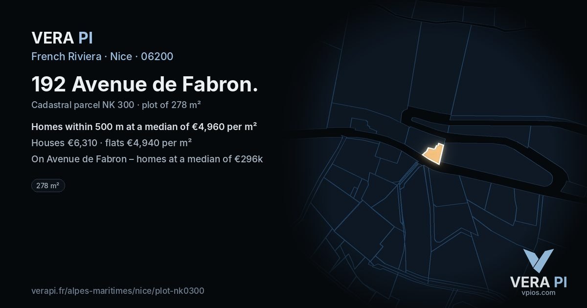 192 Avenue de Fabron, Nice at night – the plot lit, the parcels around coloured by the prices near them
