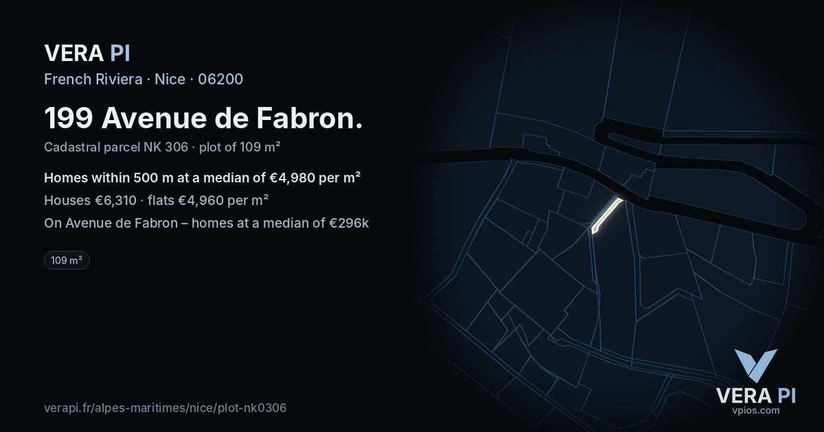 199 Avenue de Fabron, Nice at night – the plot lit, the parcels around coloured by the prices near them