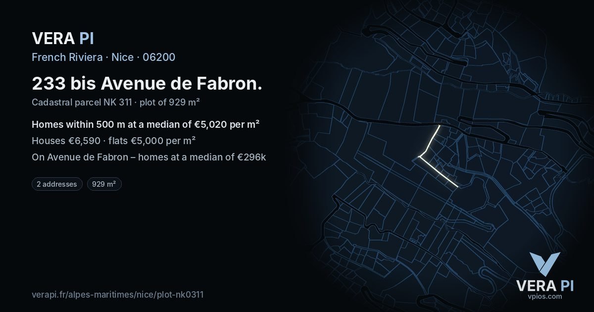 233 bis Avenue de Fabron, Nice at night – the plot lit, the parcels around coloured by the prices near them