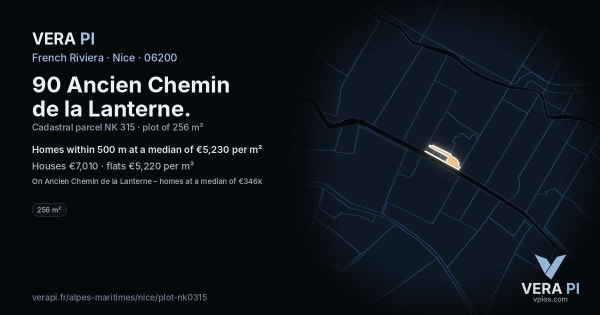 90 Ancien Chemin de la Lanterne, Nice at night – the plot lit, the parcels around coloured by the prices near them