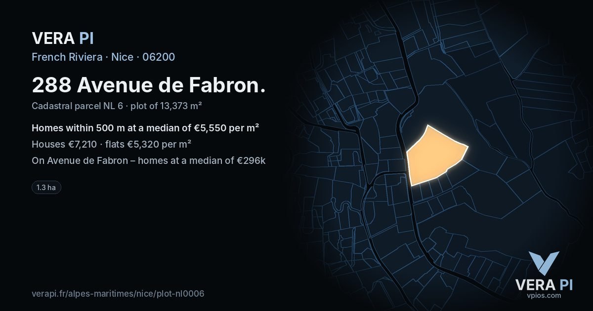 288 Avenue de Fabron, Nice at night – the plot lit, the parcels around coloured by the prices near them